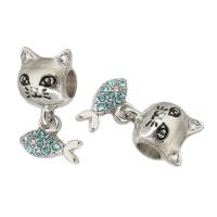 Zinc Alloy European Pendants, Cat and Fish, silver color plated, DIY & enamel & with rhinestone, mixed colors Approx 5mm 