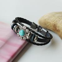 Cowhide Bracelets, with turquoise & PU Leather & Copper Coated Plastic & Zinc Alloy, Round, plated, fashion jewelry & for woman, black 