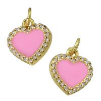 Enamel Brass Pendants, Heart, gold color plated, micro pave cubic zirconia, pink Approx 2mm 