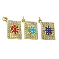 Cubic Zirconia Micro Pave Brass Pendant, Rectangle, gold color plated, with flower pattern & micro pave cubic zirconia & enamel Approx 1mm 