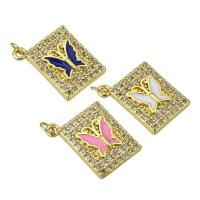 Cubic Zirconia Micro Pave Brass Pendant, Rectangle, gold color plated, with butterfly pattern & micro pave cubic zirconia & enamel Approx 2mm 
