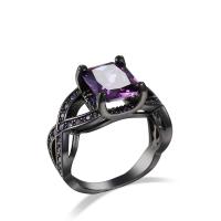Cubic Zircon Brass Finger Ring, with Cubic Zirconia, Square, gun black plated & for woman & faceted, purple, 10mm 