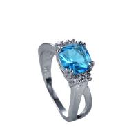Cubic Zircon Brass Finger Ring, with Cubic Zirconia, Square, platinum color plated & for woman & faceted, blue, 6mm 