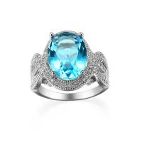 Кубическое цирконовое латунное кольцо, Латунь, с кубический цирконий, Овальная форма, Платиновое покрытие платиновым цвет, разный размер для выбора & Женский & граненый, цвет морской голубой, 7mm, продается PC