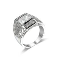 Cubic Zircon Brass Finger Ring, with Cubic Zirconia, Square, platinum color plated & for man & faceted, 7mm 