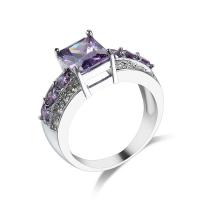 Cubic Zircon Brass Finger Ring, with Cubic Zirconia, Square, platinum color plated & for woman & faceted, purple, 6mm 