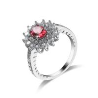 Кубическое цирконовое латунное кольцо, Латунь, с кубический цирконий, Платиновое покрытие платиновым цвет, разный размер для выбора & Женский & граненый, розовый кармин, 7mm, продается PC