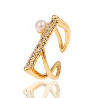 Cubic Zirconia Micro Pave Brass Finger Ring, with Plastic Pearl, gold color plated, Adjustable & micro pave cubic zirconia & for woman, 24mm 