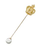 Plastic Pearl Brooch, Brass, with Plastic Pearl, Crown, gold color plated, for woman & with rhinestone 