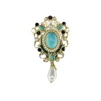 Kunststoff-Perlen-Brosche, Zinklegierung, mit Türkis & Kunststoff Perlen, goldfarben plattiert, für Frau & mit Strass, 45x80mm, 10PCs/Menge, verkauft von Menge