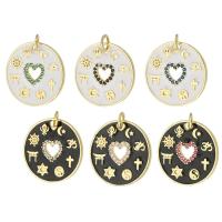 Enamel Brass Pendants, Round, gold color plated, micro pave cubic zirconia Approx 3mm 
