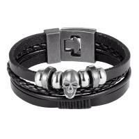 Leather Bracelet, with Split Layer Cowhide Leather & Zinc Alloy, Skull, plated, fashion jewelry & for man 