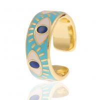 Brass Cuff Finger Ring, gold color plated, Adjustable & with eye pattern & for woman & enamel 21mm 