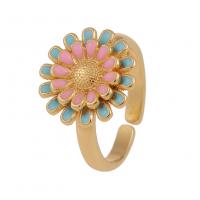 Brass Finger Ring, Flower, gold color plated, Adjustable & for woman & enamel 21mm 