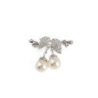 Plastic Pearl Brooch, Zinc Alloy, with Plastic Pearl, Cherry, silver color plated, for woman & with rhinestone 