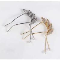 Hair Stick, Zinc Alloy, with Plastic Pearl, Leaf, plated, for woman & with rhinestone 65mm 