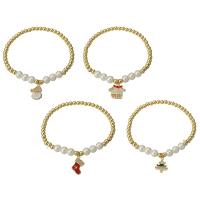 Brass Christmas Bracelet, with Plastic Pearl, gold color plated & micro pave cubic zirconia & for woman & enamel Approx 6.6 Inch 