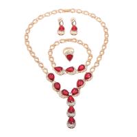 Rhinestone Zinc Alloy Jewelry Set, finger ring & bracelet & earring & necklace, with Ruby, zinc alloy lobster clasp, zinc alloy post pin, for woman & with rhinestone, mixed colors 