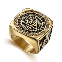 Rhinestone Stainless Steel Finger Ring, 316L Stainless Steel, Vacuum Ion Plating, vintage & fashion jewelry & freemason jewelry & Unisex & with rhinestone, golden 