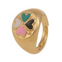 Brass Finger Ring, Four Leaf Clover, gold color plated, Adjustable & for woman & enamel 22mm 