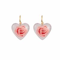 Resin Zinc Alloy Earring, with Zinc Alloy, Heart, gold color plated, fashion jewelry & with flower pattern & for woman 