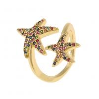 Brass Cuff Finger Ring, Starfish, 18K gold plated, Adjustable & micro pave cubic zirconia & for woman 