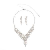 Rhinestone Zinc Alloy Jewelry Set, earring & necklace, zinc alloy lobster clasp, zinc alloy post pin, for woman & with rhinestone, silver color, 42mm cm 