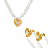 Plastic Pearl Jewelry Set, Stud Earring & necklace, with Titanium Steel, with 5cm extender chain, Heart, Vacuum Ion Plating & for woman Approx 40 cm 