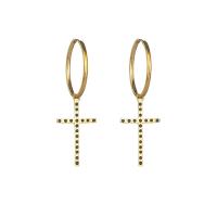 Huggie Hoop Drop Earring, 304 Stainless Steel, Cross, fashion jewelry & for woman & with rhinestone, golden, 45mm 