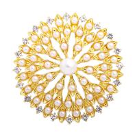 Rhinestone Zinc Alloy Brooch, with Plastic Pearl, Flower, gold color plated, for woman & with rhinestone & hollow 