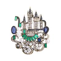 Crystal Brooch, Zinc Alloy, with Crystal & Plastic Pearl, Castle, plated, for woman & with rhinestone & hollow 