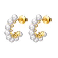925 Sterling Silver Stud Earring, with Plastic Pearl, plated, micro pave cubic zirconia & for woman 20.68mm 