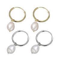925 Sterling Silver Huggie Hoop Drop Earring, with Freshwater Pearl, plated, for woman 