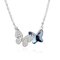 Cubic Zircon Micro Pave Sterling Silver Necklace, 925 Sterling Silver, with Crystal, with 1.96 inch extender chain, Butterfly, platinum color plated, micro pave cubic zirconia & for woman, blue Approx 15.74 Inch 