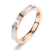 Titanium Steel Finger Ring, with White Shell, Donut, Vacuum Ion Plating & for woman & with rhinestone, rose gold color, 2.5mm 