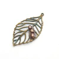 Zinc Alloy Leaf Pendants, with Ice Quartz Agate & Freshwater Pearl, antique bronze color plated, DIY 