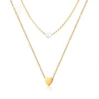 Titanium Steel Jewelry Necklace, with Plastic Pearl, with 1.57inch extender chain, Heart, Vacuum Ion Plating, Double Layer & fashion jewelry & for woman, golden, 6mm,8mm Approx 9.84 Inch, Approx 15.75 Inch 