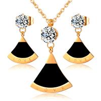 Rhinestone stainless steel Jewelry Set, 304 Stainless Steel, Stud Earring & necklace, with Black Shell & White Shell & Acrylic, with 5cm extender chain, Fan, plated, fashion jewelry & for woman & with rhinestone cm 