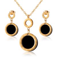 Fashion Stainless Steel Jewelry Sets, 304 Stainless Steel, Stud Earring & necklace, with Black Shell, with 5cm extender chain, Round, plated, fashion jewelry & for woman 17mm,13mm cm 