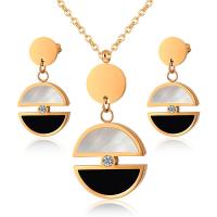 Rhinestone stainless steel Jewelry Set, 304 Stainless Steel, Stud Earring & necklace, with Black Shell & White Shell, with 5cm extender chain, Round, plated, fashion jewelry & for woman & with rhinestone 20mm,15mm cm 