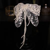 Plastic Pearl Bowkont Hair Clip, with Gauze, handmade, for bridal, white 