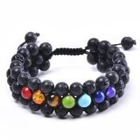Gemstone Woven Ball Bracelets, Lava, with Knot Cord & Gemstone, three layers & Unisex, 22mm Approx 7.5-11.8 Inch 