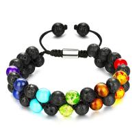 Gemstone Woven Ball Bracelets, Lava, with Knot Cord & Gemstone & Brass, Double Layer & Unisex, 16mm Approx 7.5-11.8 Inch 