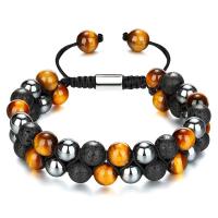 Gemstone Woven Ball Bracelets, Tiger Eye, with Knot Cord & Black Magnetic Stone & Lava, handmade, Double Layer & Unisex, 16mm Approx 7.5-11.8 Inch 