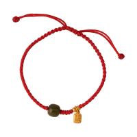 Jade Bracelets, Cotton Cord, with 925 Sterling Silver & Hetian Jade & Brass, gold color plated, Adjustable & for woman, red Approx 7.6 Inch 