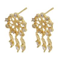Rhinestone Brass Drop Earring, gold color plated, for woman & with rhinestone & hollow, golden 1mm 
