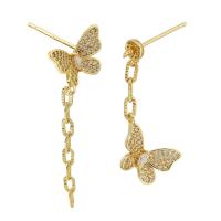 asymmetrische Ohrringe, Messing, Schmetterling, goldfarben plattiert, für Frau & mit Strass, goldfarben, 12x35mm,9x28mm,1mm, verkauft von Paar