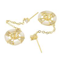 Brass Earring Drop Component, with Shell, gold color plated, for woman & with rhinestone, golden 1mm 