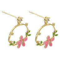 Brass Earring Drop Component, Flower, gold color plated, for woman & enamel & with rhinestone & hollow, pink 1mm 