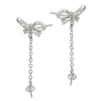 Brass Earring Drop Component, Bowknot, silver color plated, for woman & with rhinestone, silver color 1mm 